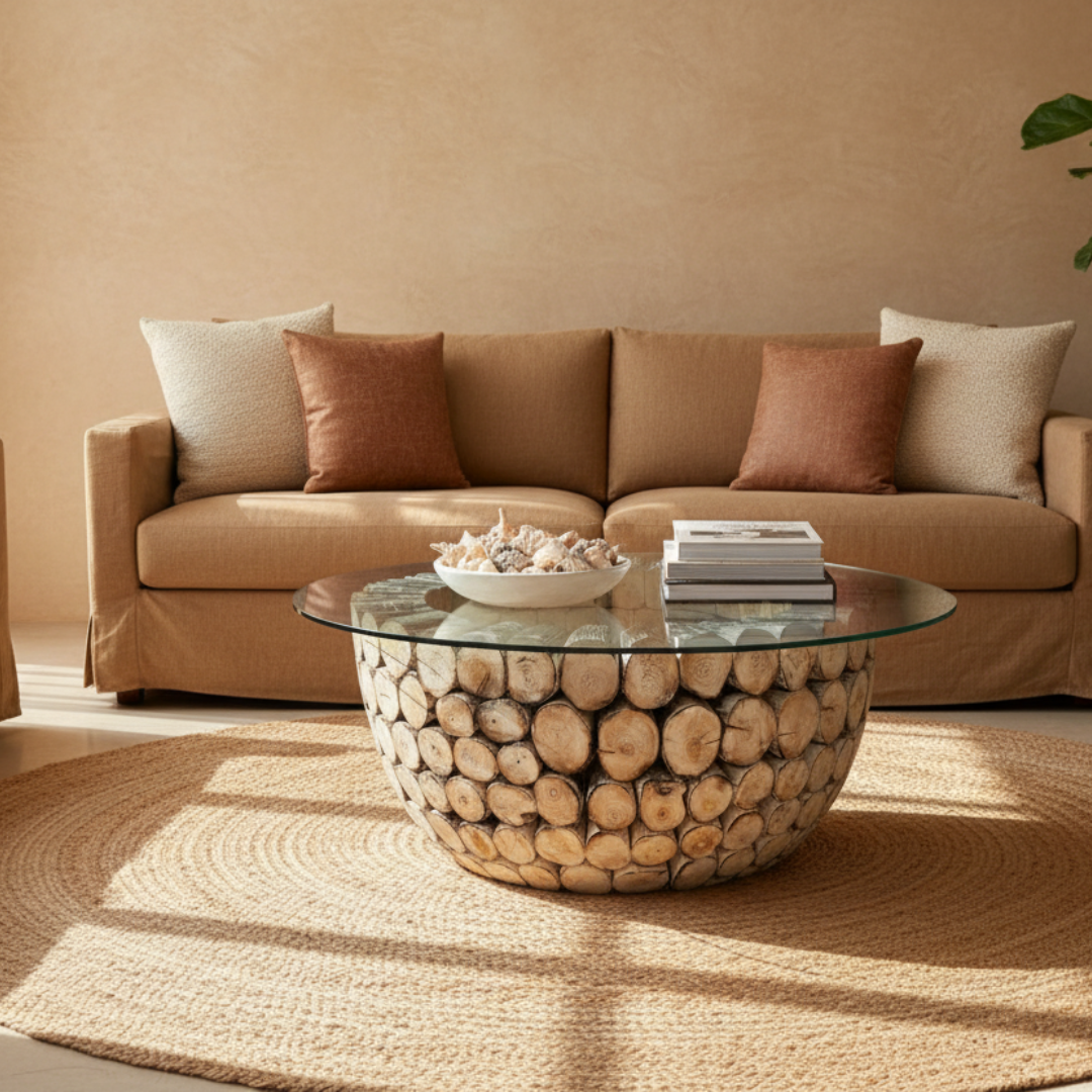 Round driftwood log coffee table with clear glass top styled in a warm coastal living room – stacked bleached natural wood base, linen sofa, jute rug and tropical plant, handcrafted furniture by Azure Decor