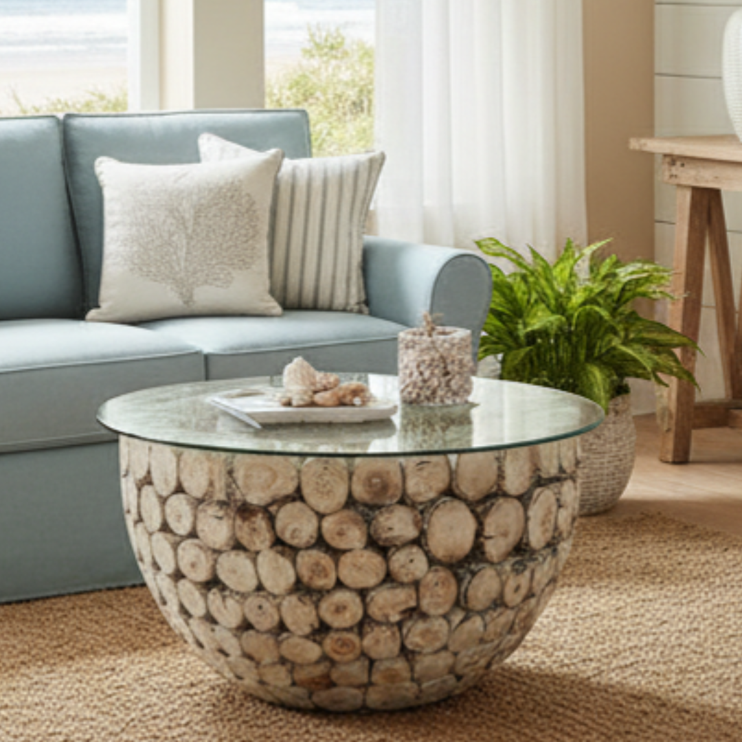 Round whitewashed driftwood log coffee table with clear glass top in a bright coastal living room