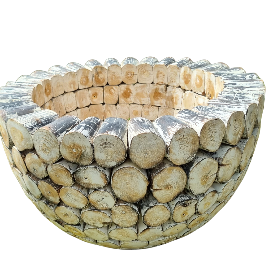 Round whitewashed driftwood log coffee table base – side angle showing stacked teak log dome construction, natural whitewashed finish, handcrafted furniture by Azure Decor