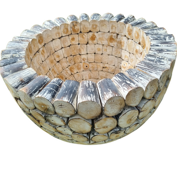 Round whitewashed driftwood log coffee table viewed from above – open hollow centre with stacked teak log rim detail, whitewashed finish, handcrafted furniture by Azure Decor