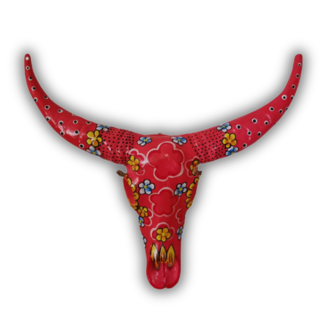 Handcrafted Floral Resin Bull Skull in Red with intricate white, yellow and blue floral patterns and dotted detailing, 45cm x 25cm bohemian wall art by Azure Decor