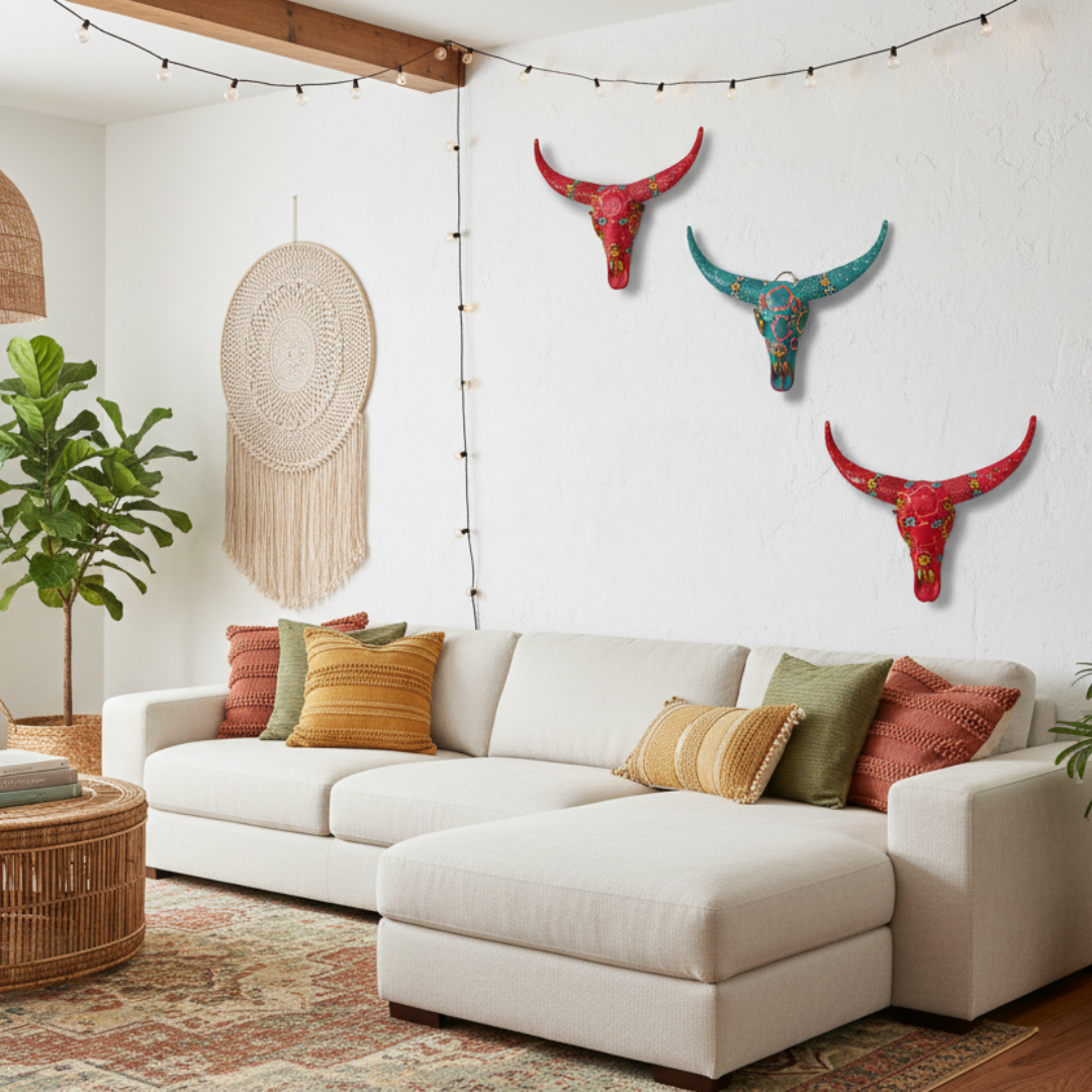 Handcrafted Floral Resin Bull Skull wall art in Red and Turquoise displayed in a bright bohemian living room above a white sofa, styled with rattan furniture, macramé wall hanging, and indoor plants