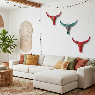 Handcrafted Floral Resin Bull Skull wall art in Red and Turquoise displayed in a bright bohemian living room above a white sofa, styled with rattan furniture, macramé wall hanging, and indoor plants