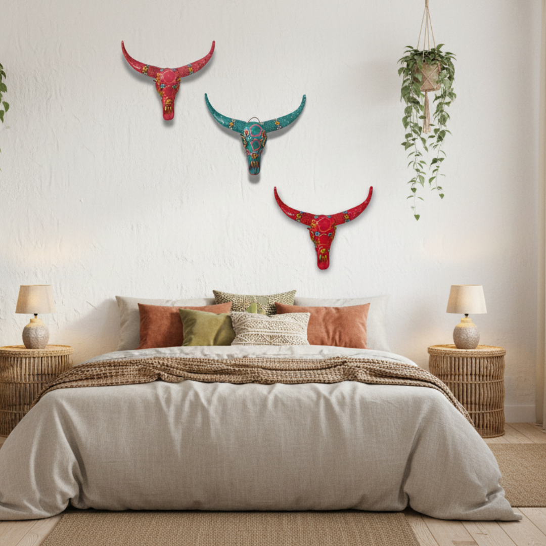Handcrafted Floral Resin Bull Skull wall art in Light Pink, Turquoise, and Red mounted above a linen bed in a bohemian bedroom, styled with rattan bedside tables, warm lamp lighting, and a hanging indoor plant