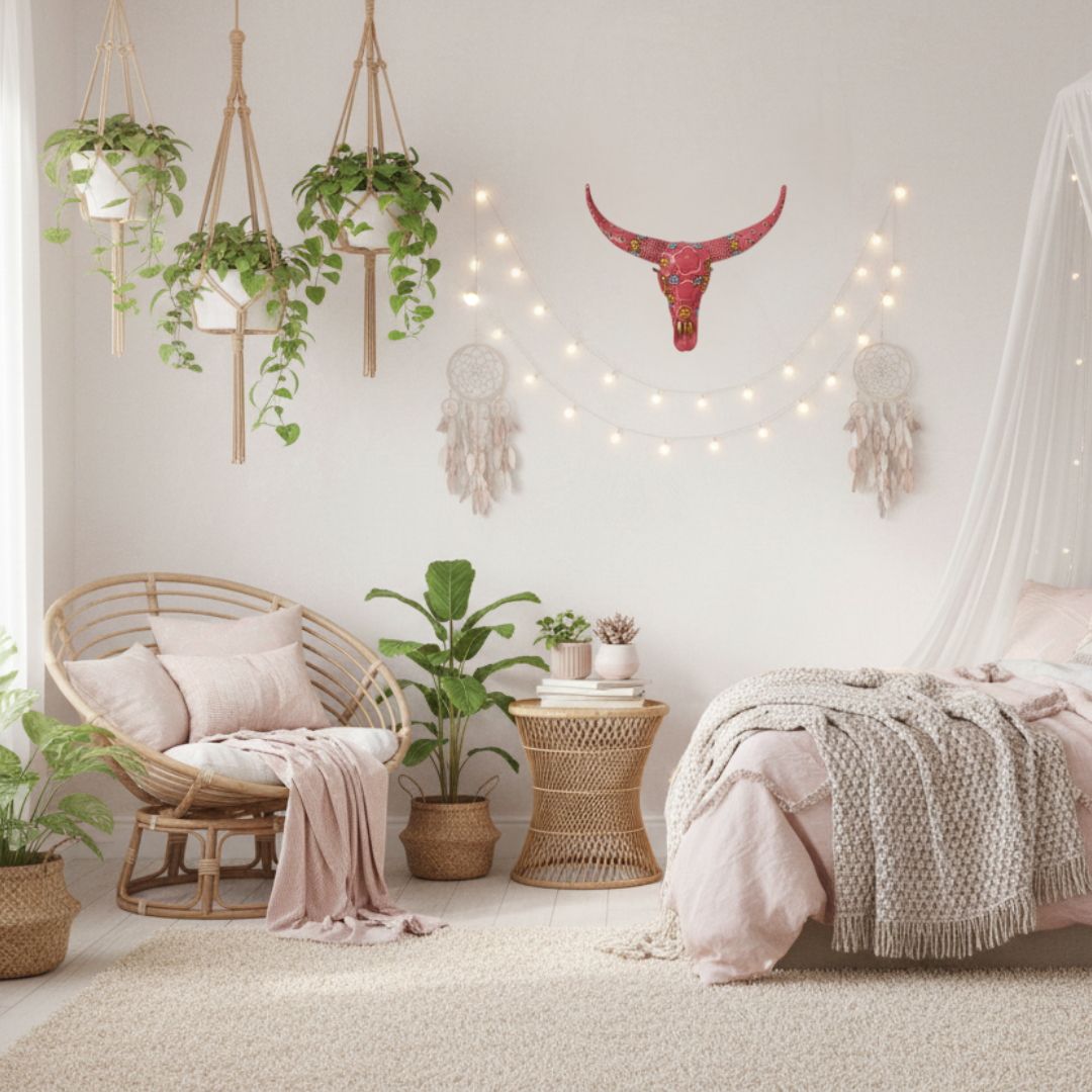 Handcrafted Floral Resin Bull Skull in Light Pink mounted as a statement wall art piece in a dreamy bohemian girls bedroom, styled with a canopy bed, fairy string lights, macramé, rattan furniture, and pastel boho accessories
