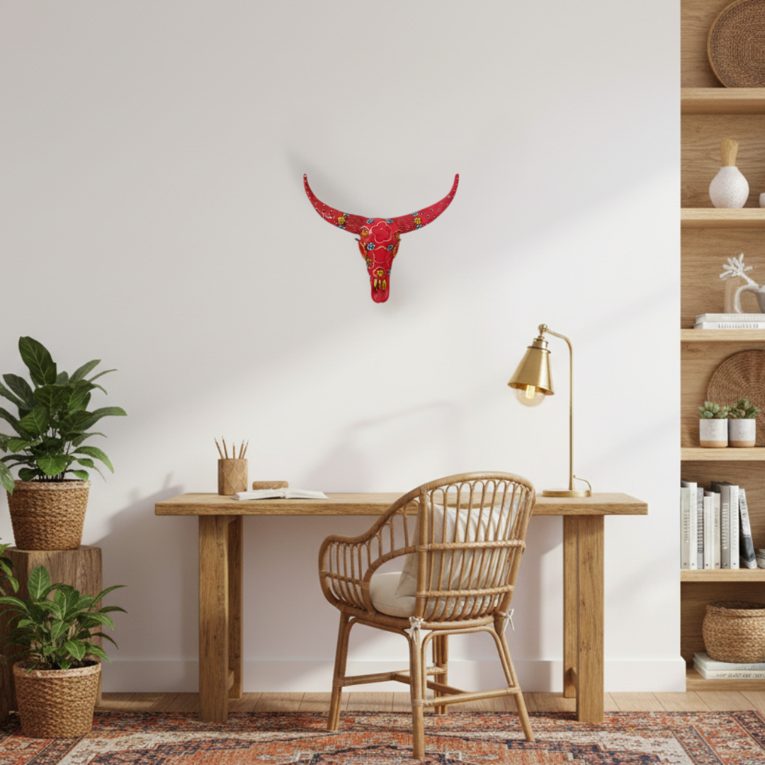 Handcrafted Floral Resin Bull Skull in Red mounted as a bold statement wall art piece in a bohemian home office, styled with a timber desk, rattan chair, warm desk lamp, and lush indoor plants