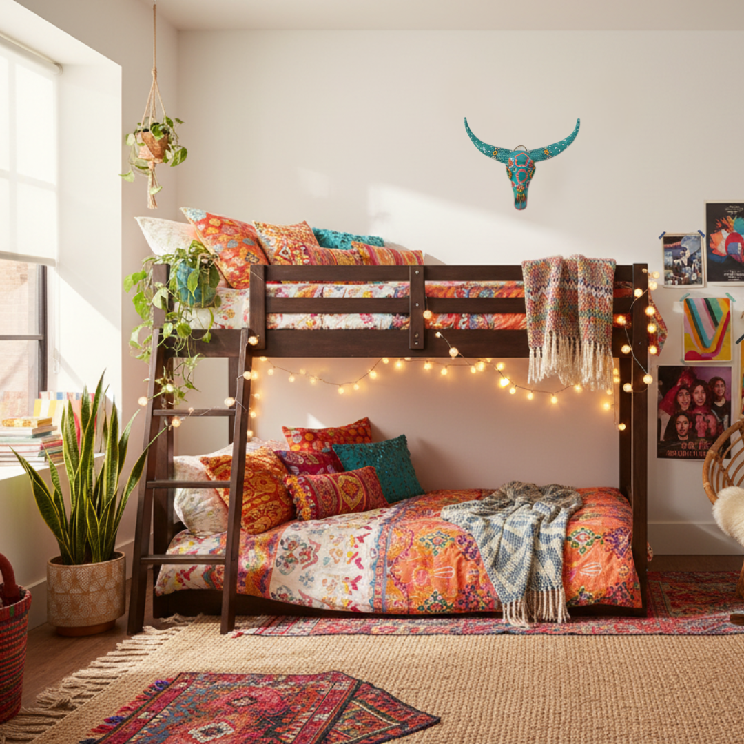 Handcrafted Floral Resin Bull Skull in Turquoise mounted as a statement wall art piece in a vibrant bohemian teen bedroom, styled with fairy string lights, colourful cushions, rattan chair, and indoor plants