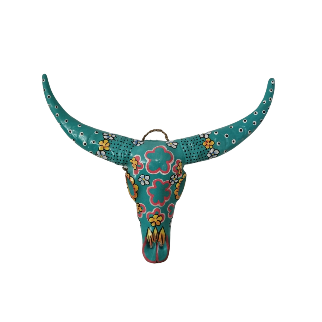 Handcrafted Floral Resin Bull Skull in Turquoise with intricate pink and yellow floral patterns and dotted detailing, 45cm x 25cm bohemian wall art by Azure Decor
