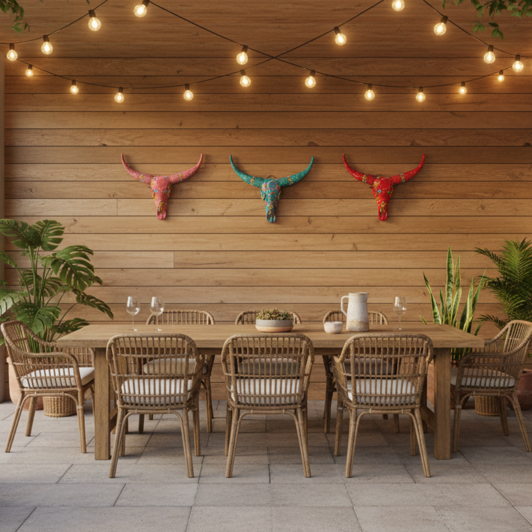 Handcrafted Floral Resin Bull Skull wall art in Light Pink, Turquoise, and Red mounted on a timber feature wall in an undercover patio, styled with a rattan dining setting, string lights, and tropical plants