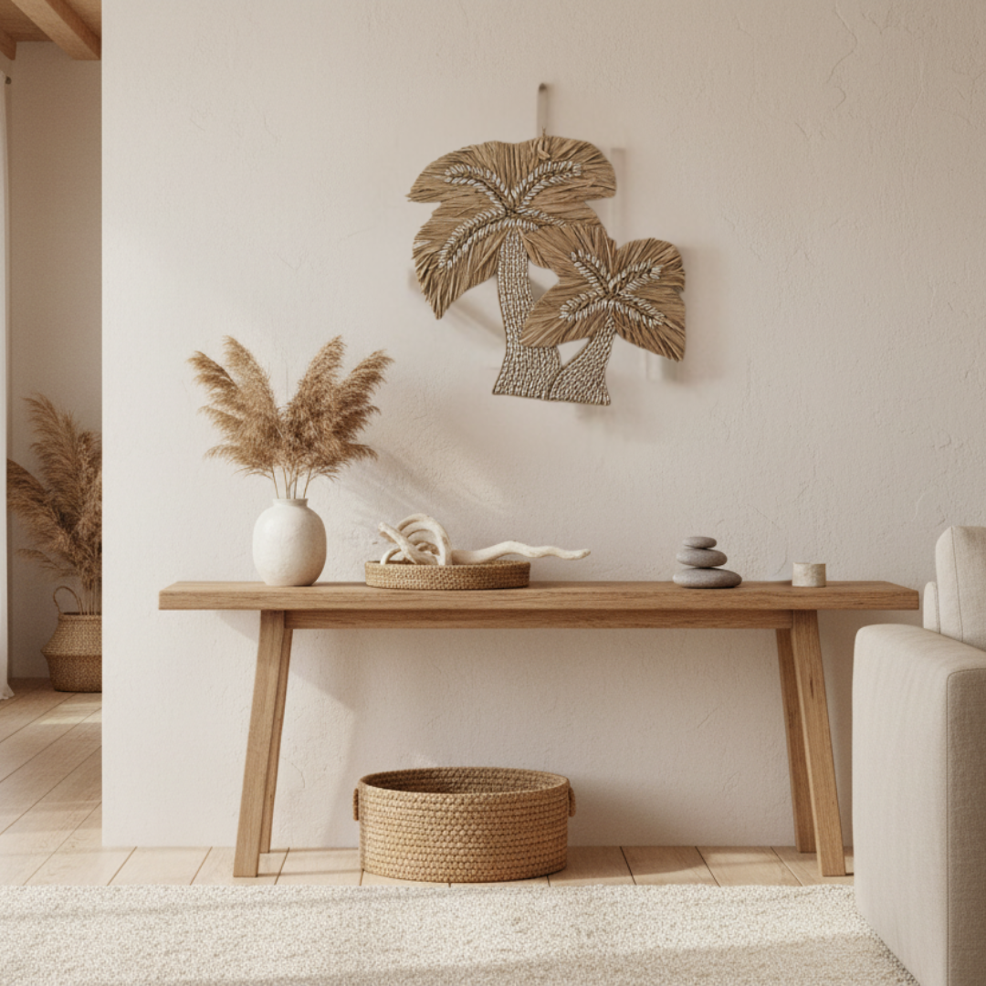 Natural cowrie shell palm tree wall art styled above a cabinet with pot plant and basket on the floor
