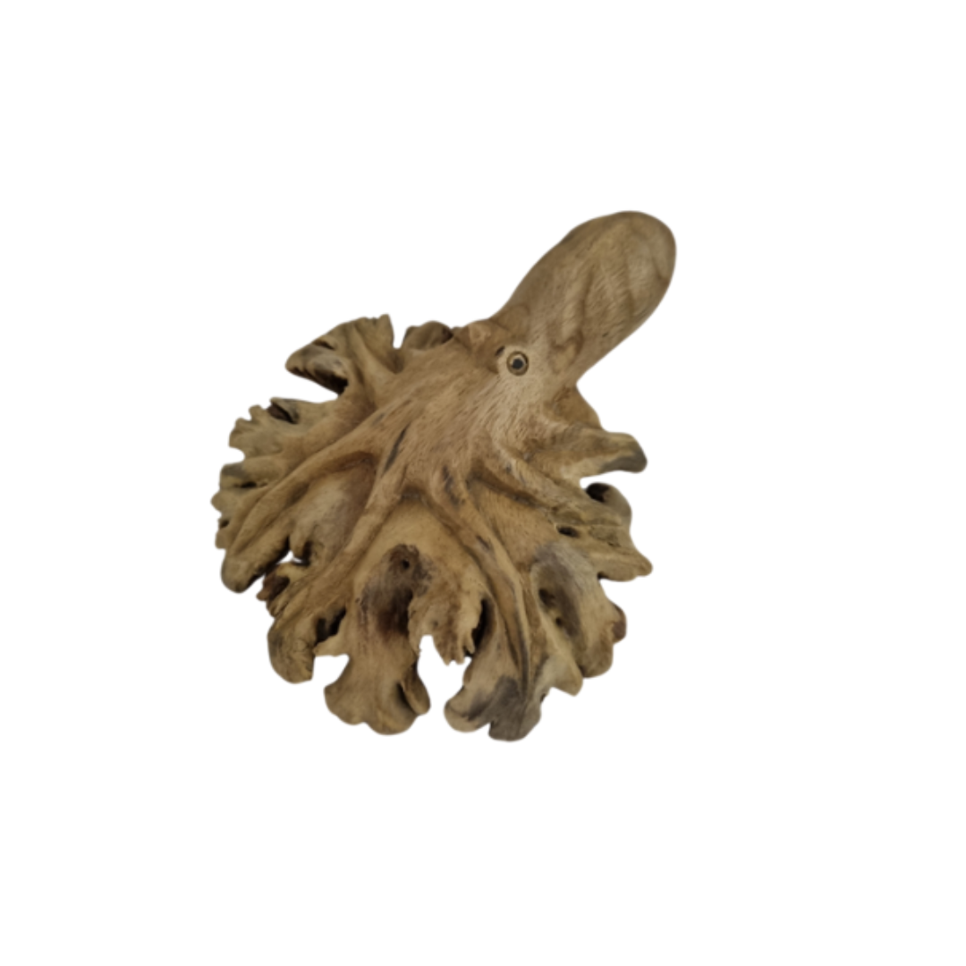 wooden octopus carving on a piece of wood  or branch on a white background