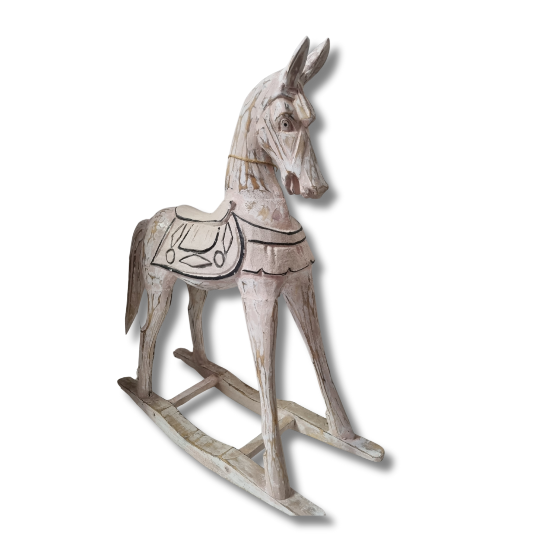 Distressed white timber decor with hand-carved saddle detail, three-quarter front view on white background
