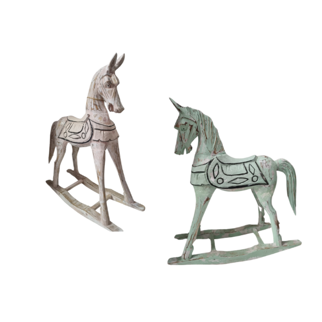 Handcrafted rustic rocking horse decor in vintage pink and green, shown side by side