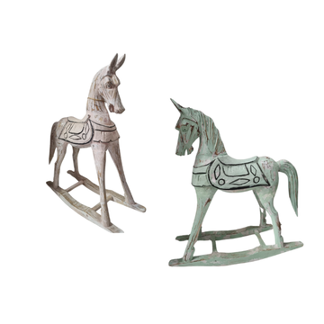 Handcrafted rustic rocking horse decor in vintage pink and green, shown side by side