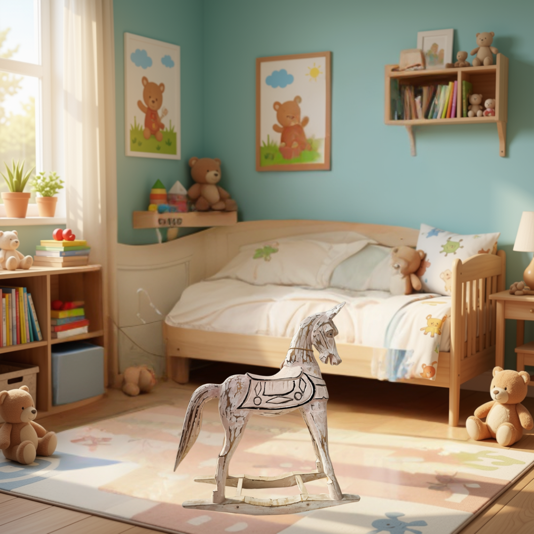 A cozy children's bedroom featuring a light wood single bed with white bedding, a white wooden decor in the foreground, and shelves filled with toys and books against a light blue wall.
