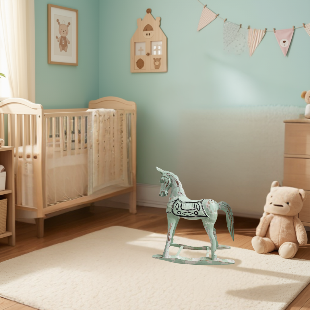 A styled baby nursery corner featuring a light wood crib, a mint green, a beige teddy bear, and a cream rug against a soft mint green wall.