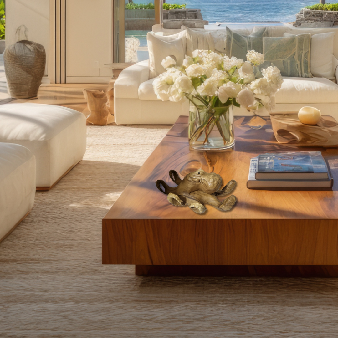 Living room with wooden coffee table, flowers, with octopus carving and books by a window with a view of water.