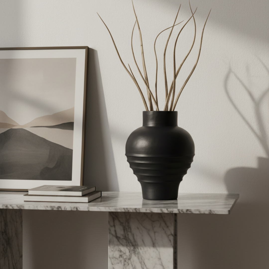 arge black globe vase with bleached branches on a marble console table in a contemporary interior