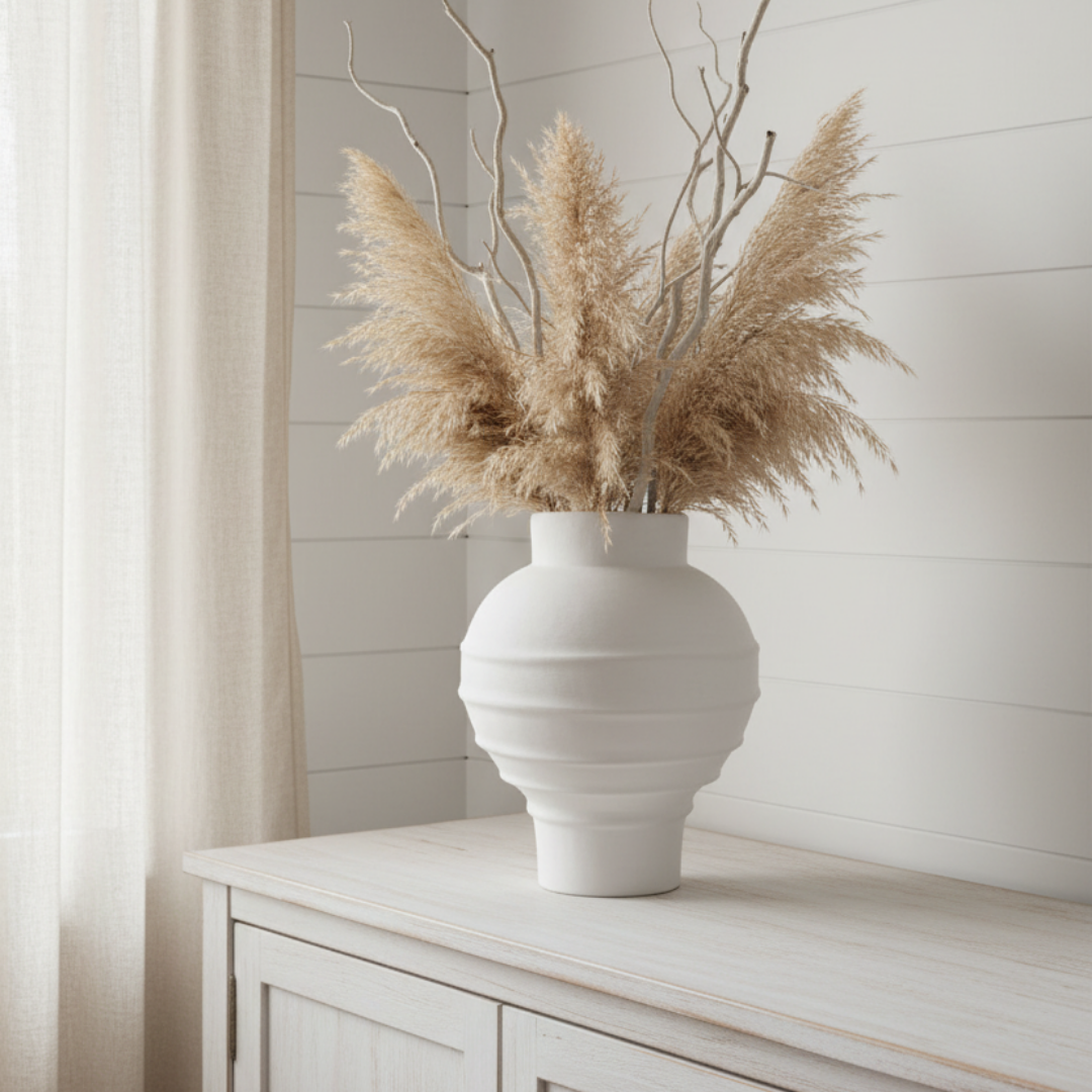 Matte white globe vase with dried pampas grass and bleached branches on a whitewashed timber sideboard in a bright airy coastal living room
