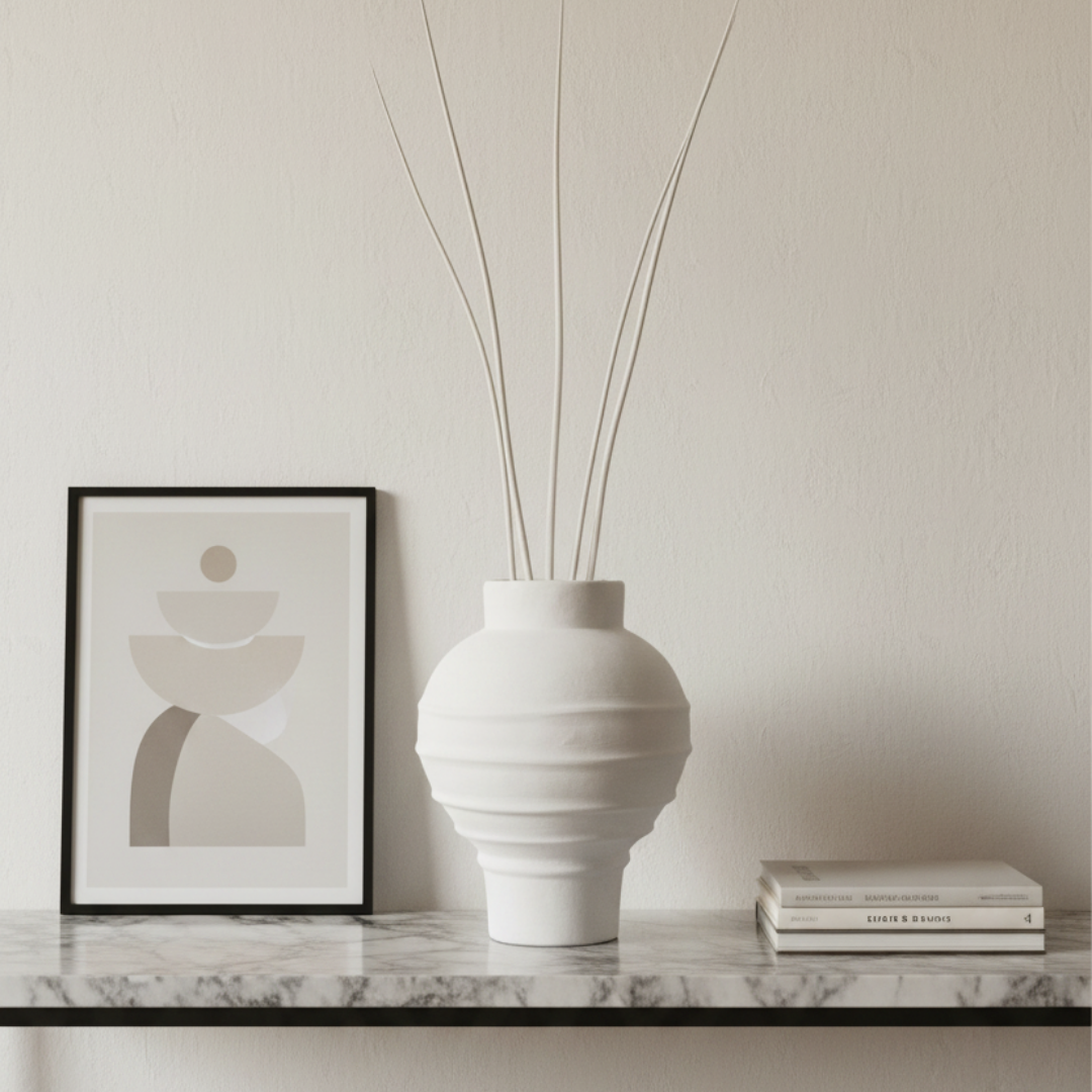  matte white ribbed globe vase with bleached branches on a marble console table against a white wall in a minimal contemporary interior