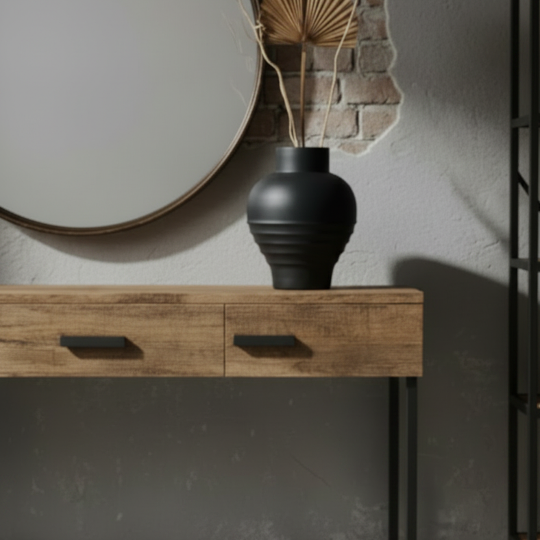 Black vase with dried palm leaves on a rustic wooden console table with a round mirror against a textured grey wall