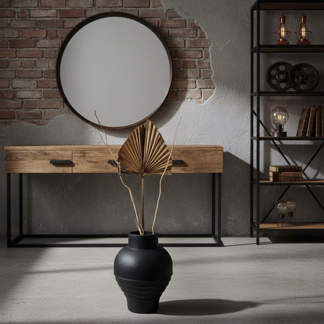 Handcrafted Terracotta Ribbed Vase in matte black styled on a concrete floor with dried palm leaf and twisted branches