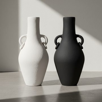 Handcrafted terracotta vase with ring handles in black and white, side by side on a light timber surface with soft directional shadow