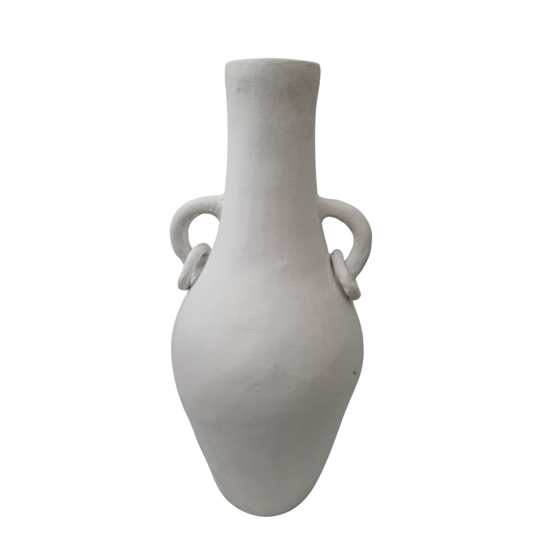 Handcrafted terracotta vase with ring handles in matte white, front view showing oval body and looped ring handles on white background 