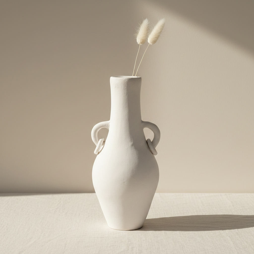Matte white terracotta vase with looped ring handles and a tapered pointed base, styled with dried white stems on a warm off-white linen surface with soft directional lighting