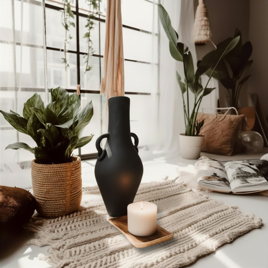 black vase cream woven rug beside a wicker planter and timber candle tray, soft natural window light