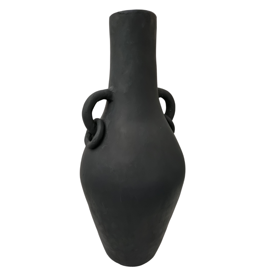 three-quarter view showing elongated oval body, looped ring handles and long cylindrical neck