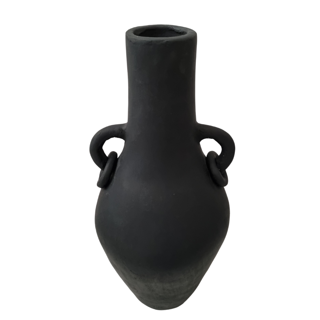 Matte black terracotta vase front view showing tall symmetrical silhouette with looped ring handles and smooth matte finish