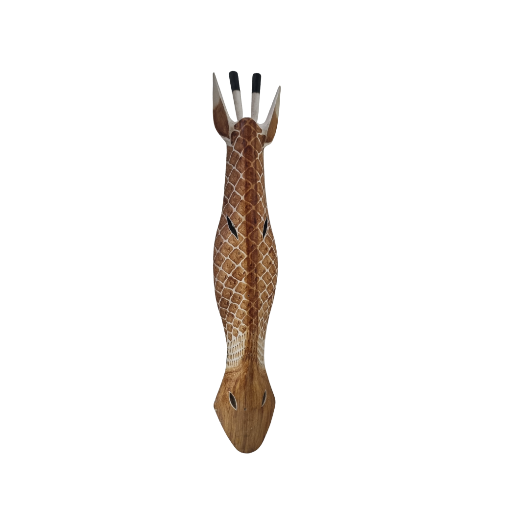 Handcrafted wooden giraffe wall mask – warm tan with fine diamond scale carving and white highlight detail – Balinese handcrafted African style wall art on white background