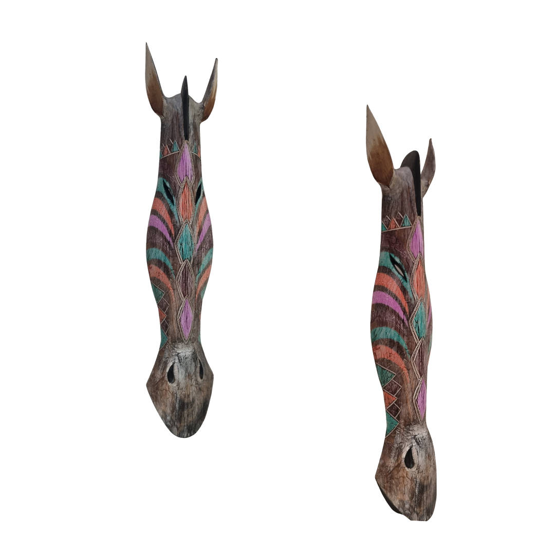 Handcrafted wooden giraffe wall mask – multicolour boho geometric stripe pattern in purple, teal and coral – front and side view – Balinese handcrafted African style wall art on white background