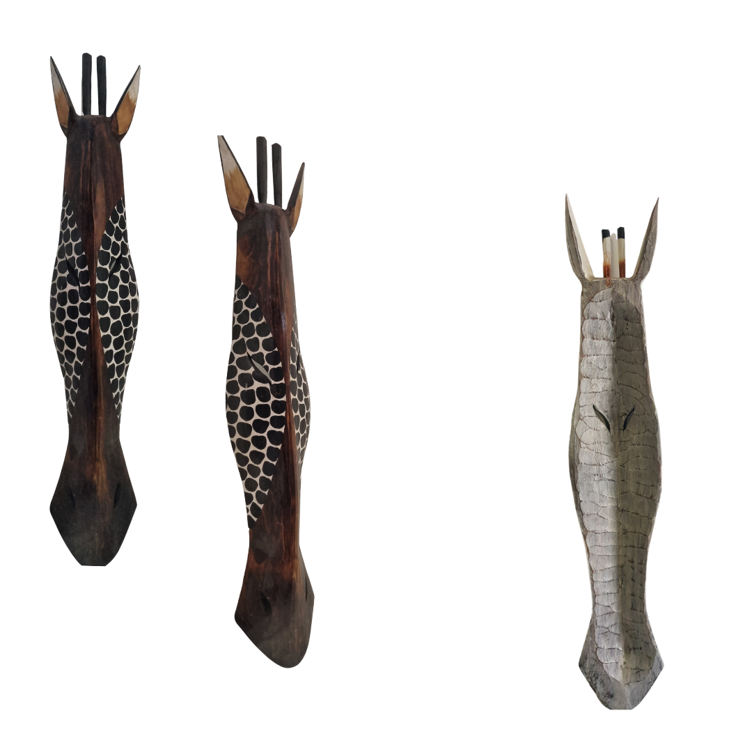 Handcrafted wooden giraffe wall masks – three styles shown including dark espresso black spot, dark brown white spot and grey crackle scale – Balinese handcrafted African style wall art on white background