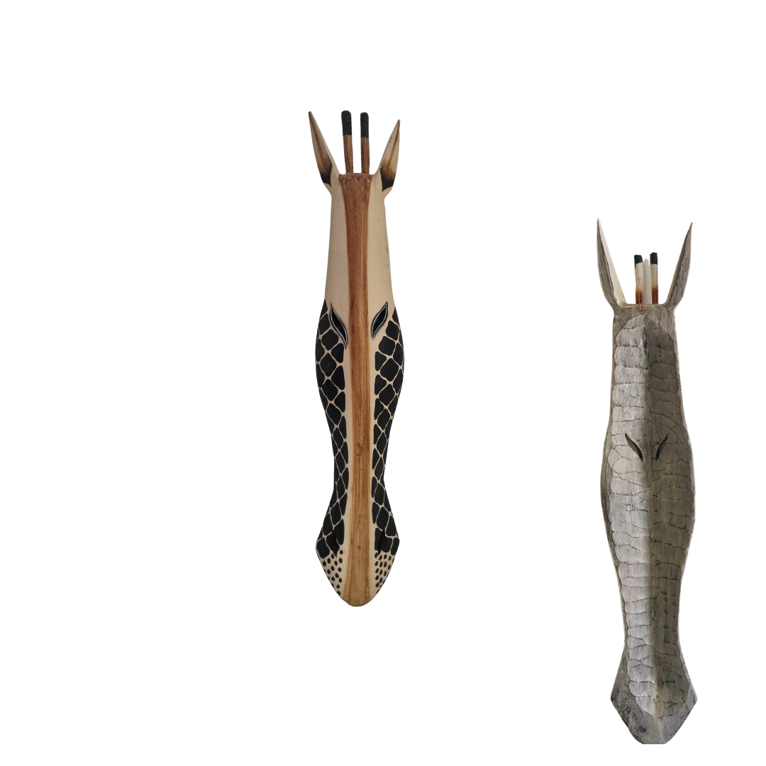 Handcrafted wooden giraffe wall masks – natural pale wood with black net pattern and grey crackle scale pattern – front and side views – Balinese handcrafted African style wall art on white background