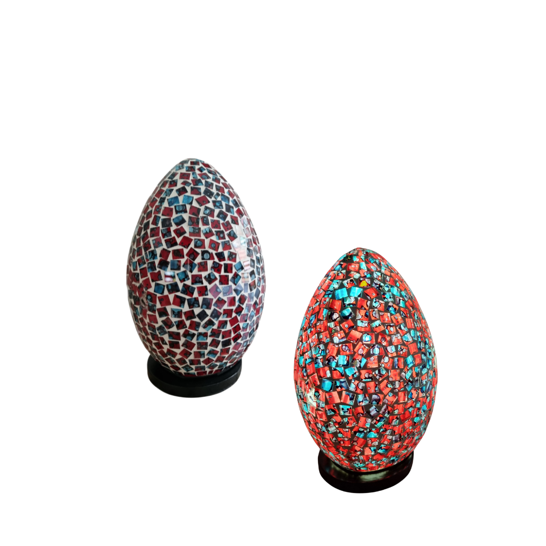 Two oval mosaic art lamps in blue and multicolor, with a geometric pattern, designed for home decor.