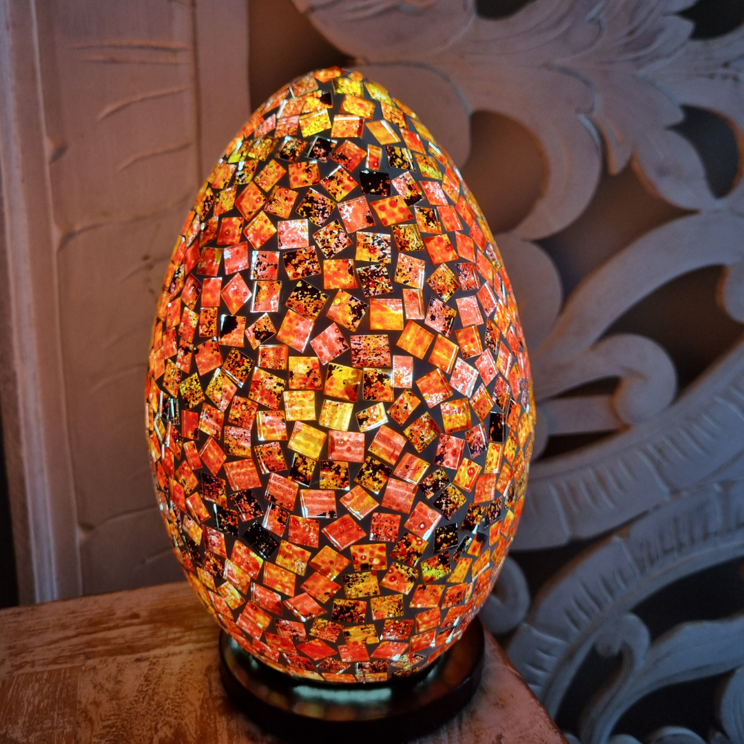 Two oval mosaic art lamps in multicolor, with a geometric pattern, designed for home decor.