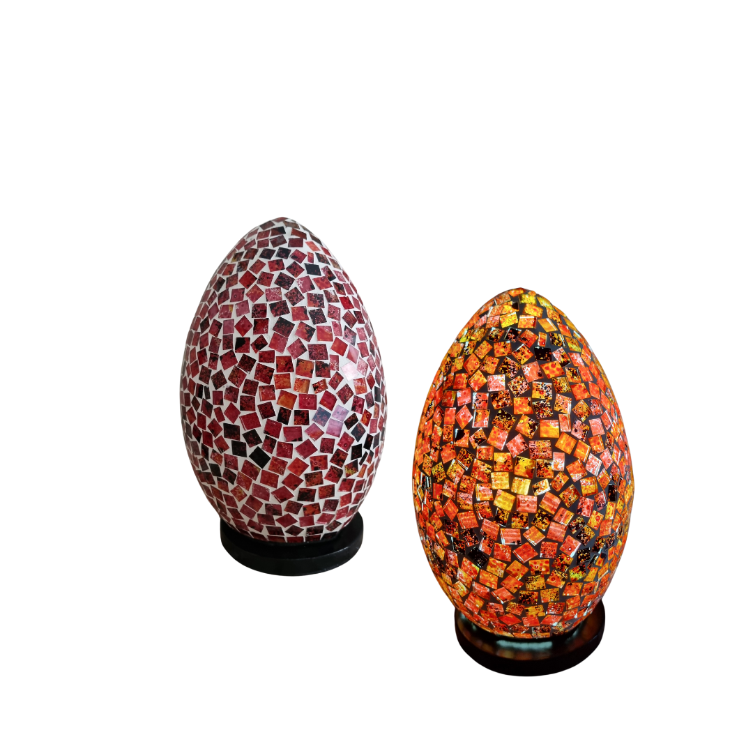 Two oval mosaic art lamps in multicolor, with a geometric pattern, designed for home decor.