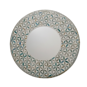 Round mosaic mirror with Flower of Life pattern in pearl white and turquoise tones