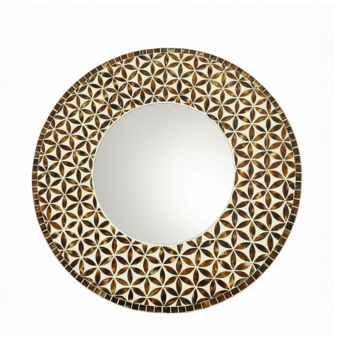 Mirror with Flower of Life pattern in warm brown and amber tones — front-on product view on white background