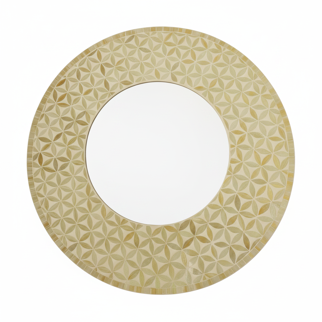 Round mosaic mirror with Flower of Life pattern in warm ivory and cream mosaic tiles — front-on product view on white background MEI2014B