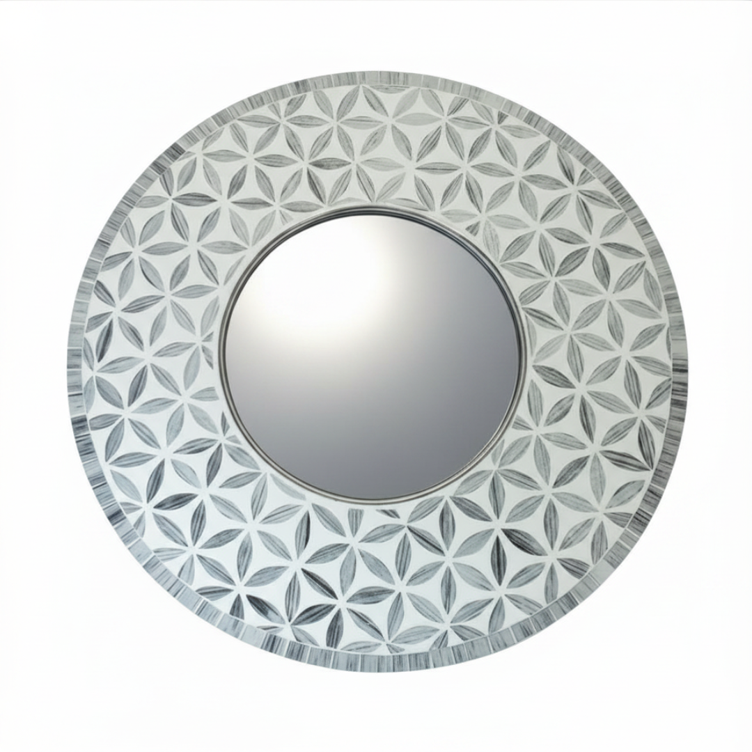 Handmade round mosaic mirror with Flower of Life pattern in silver and grey mosaic tiles — front-on product view on white background"

