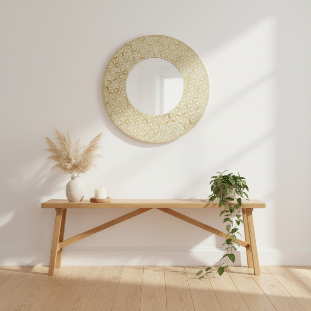 Handmade round mosaic mirror with Flower of Life pattern in pearl white and ivory tones, hung above a timber console table styled with pampas grass and candle — coastal boho home decor