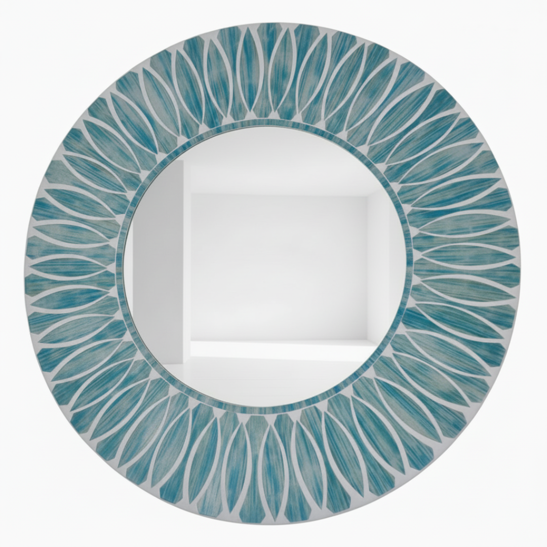 Handcrafted round mosaic wall mirror in ocean teal and blue — front-on white background
