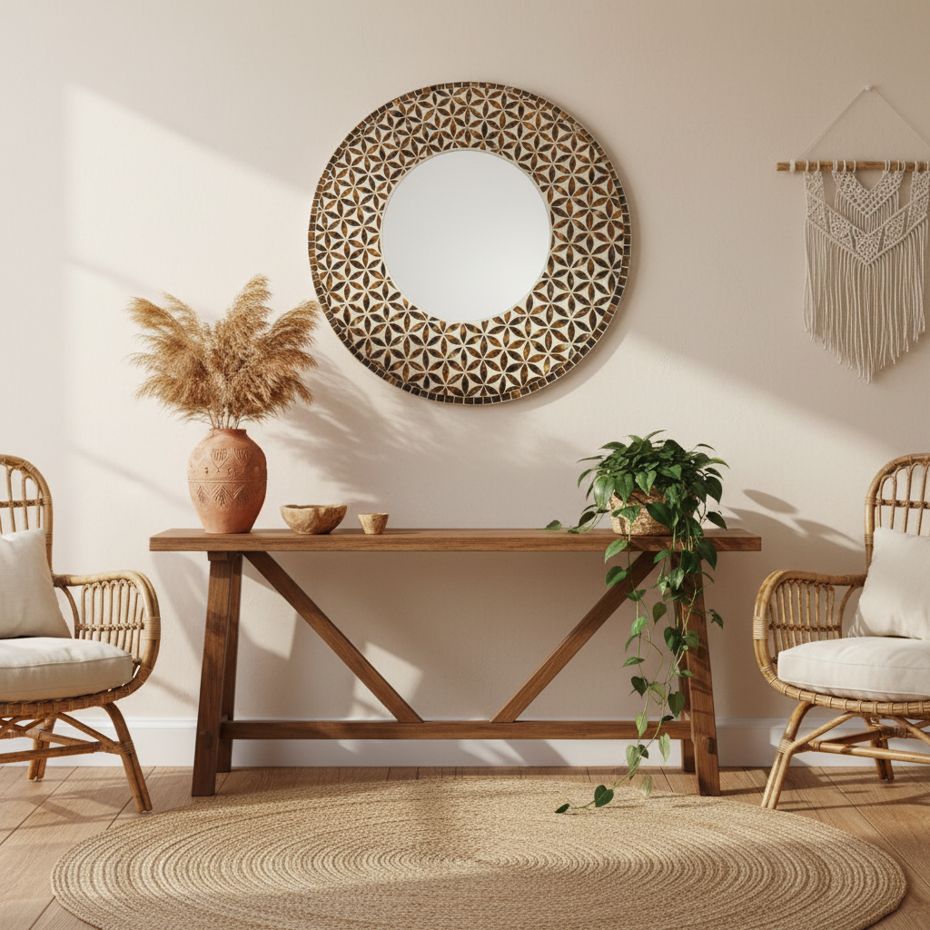 Mirror with Flower of Life pattern in warm brown and amber tones above a dark timber console table with pampas grass and terracotta vase in a cosy boho living room
