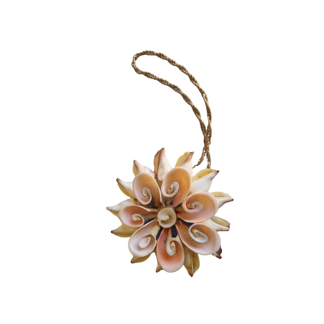 Decorative shell ornament with a string on a white background