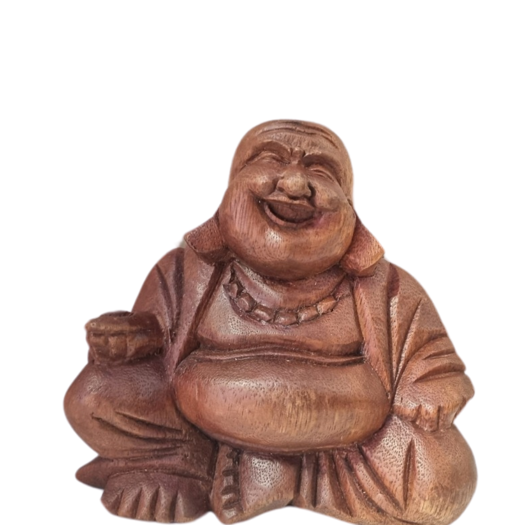 Smaller size pictured here A wooden statue of a smiling Buddha, known as the Happy Buddha or Laughing Buddha, sitting with a beige and brown color palette.