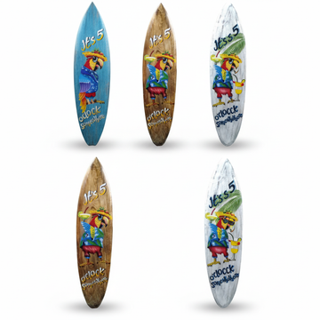 Choose your favourite design, from bright blue to natural timber and whitewashed finishes, each featuring playful parrot artwork with a relaxed cocktail theme.