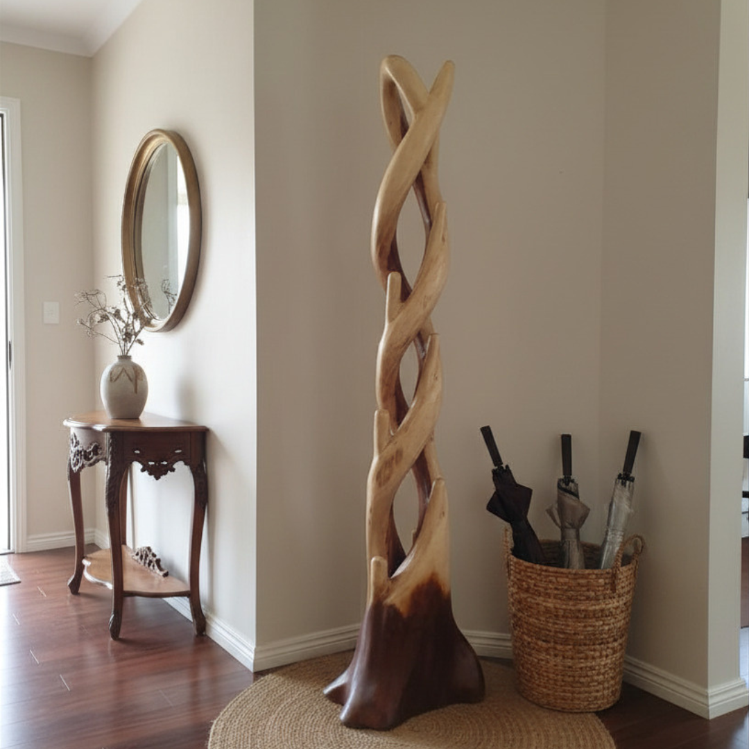 wo-toned wooden coat stand in a classic home entryway with gold oval mirror, ornate console table and dark timber floors